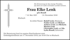 Traueranzeige Elke Lenk