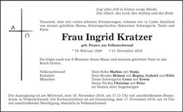 Traueranzeige Ingrid Kratzer