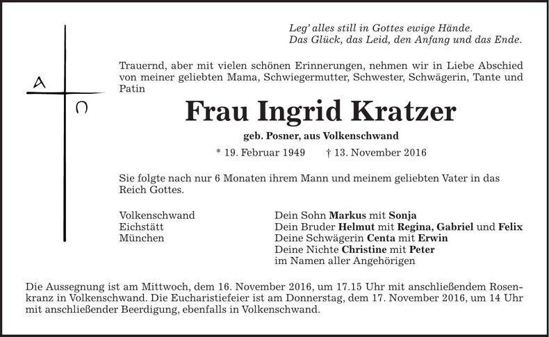 Traueranzeige Ingrid Kratzer