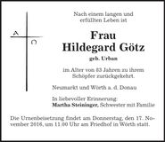 Traueranzeige Hildegard Götz
