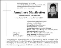 Traueranzeige Anneliese Martlreiter