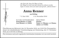 Traueranzeige Anna Renner