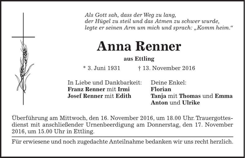 Traueranzeige Anna Renner