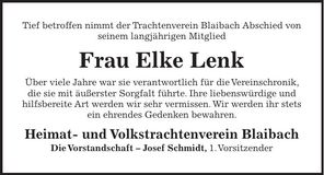 Traueranzeige Elke Lenk