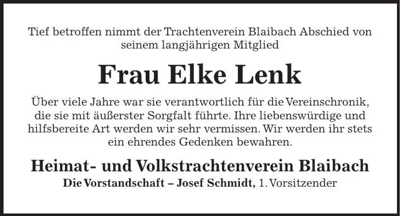 Traueranzeige Elke Lenk
