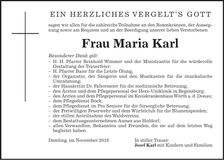 Traueranzeige Maria Karl
