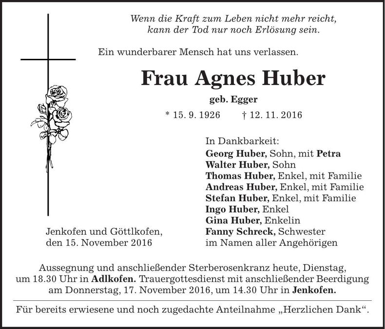 Traueranzeige Agnes Huber