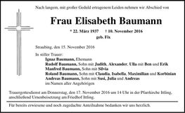 Traueranzeige Elisabeth Baumann