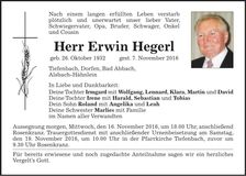 Traueranzeige Erwin Hegerl