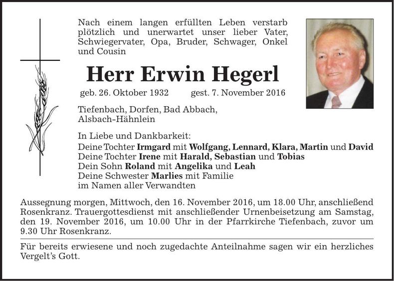 Traueranzeige Erwin Hegerl