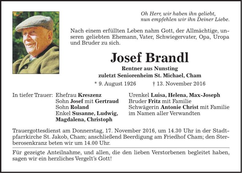 Traueranzeige Josef Brandl