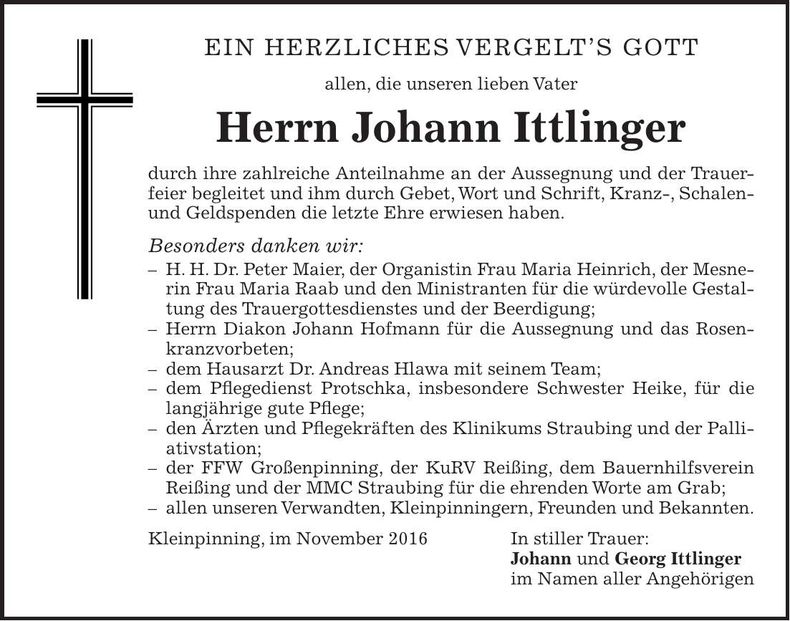 Traueranzeige Johann Ittlinger