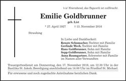 Traueranzeige Emilie Goldbrunner
