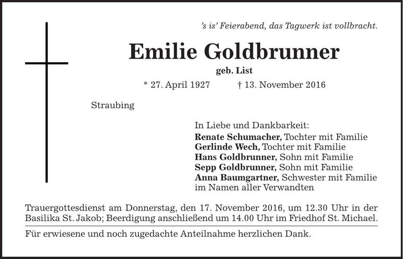 Traueranzeige Emilie Goldbrunner
