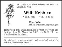 Traueranzeige Willi Rebbien