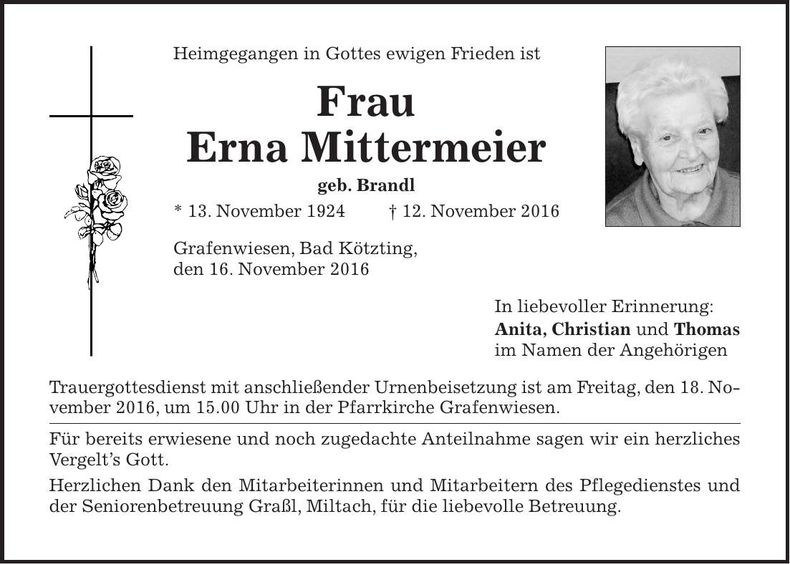 Traueranzeige Erna Mittermeier