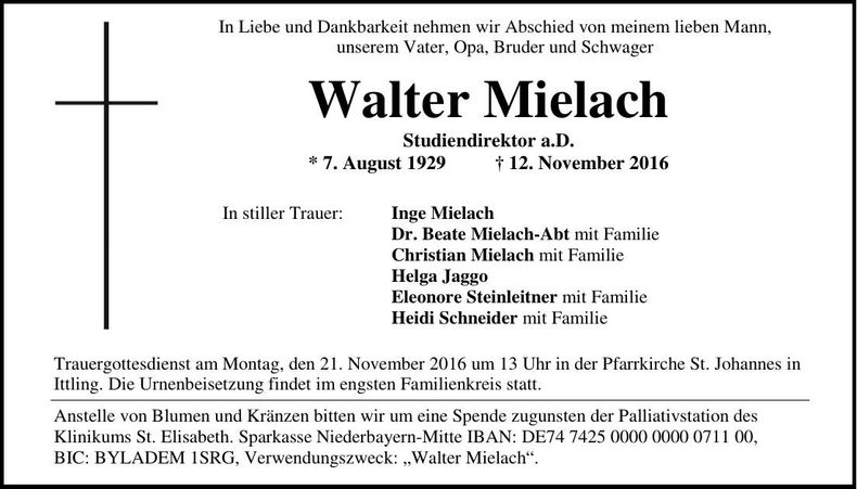 Traueranzeige Walter Mielach