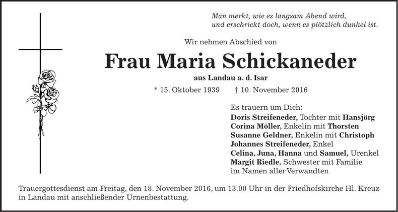 Traueranzeige Maria Schickaneder