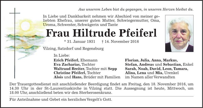 Traueranzeige Hiltrude Pfeiferl