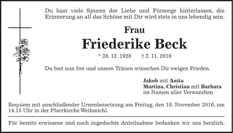 Traueranzeige Frederike Beck