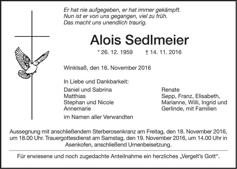 Traueranzeige Alois Sedlmeier