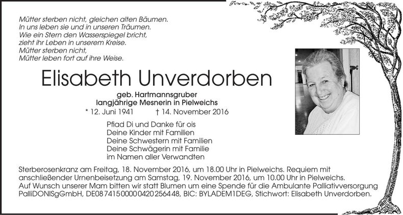 Traueranzeige Elisabeth Unverdorben