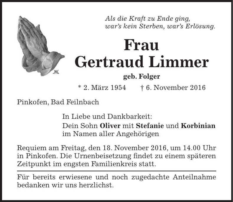 Traueranzeige Gertraud Limmer