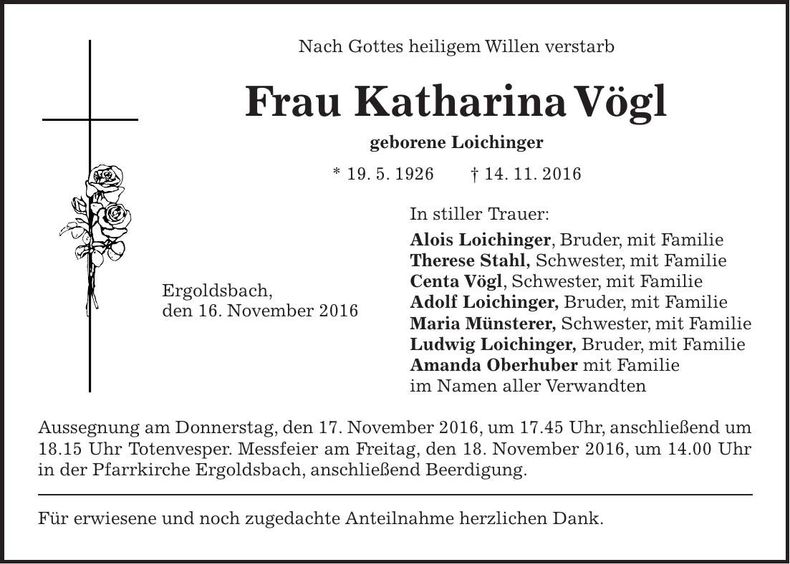 Traueranzeige Katharina Vögl