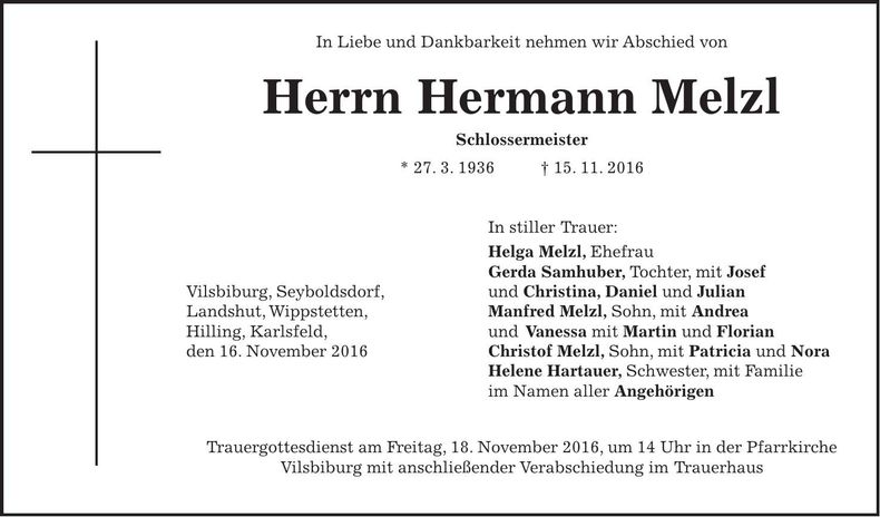 Traueranzeige Hermann Melzl