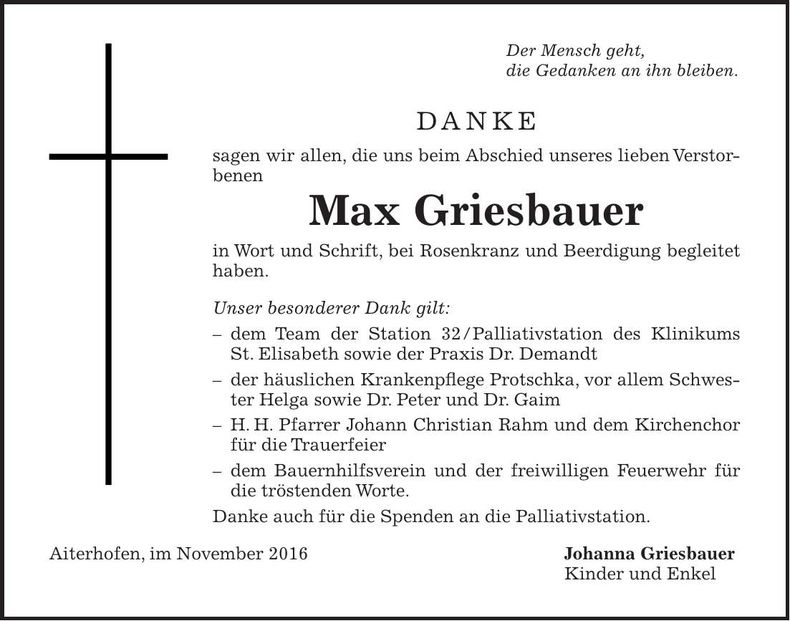 Traueranzeige Griesbauer Max