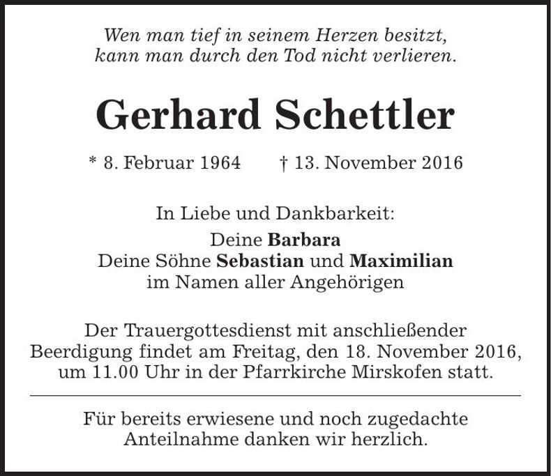 Traueranzeige Gerhard Schettler