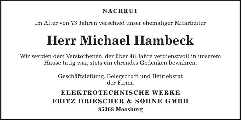 Traueranzeige Michael Hambeck