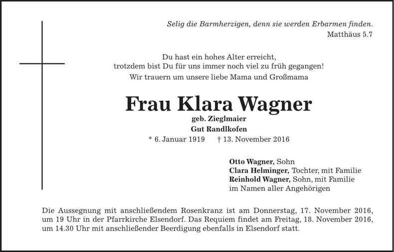 Traueranzeige Klara Wagner