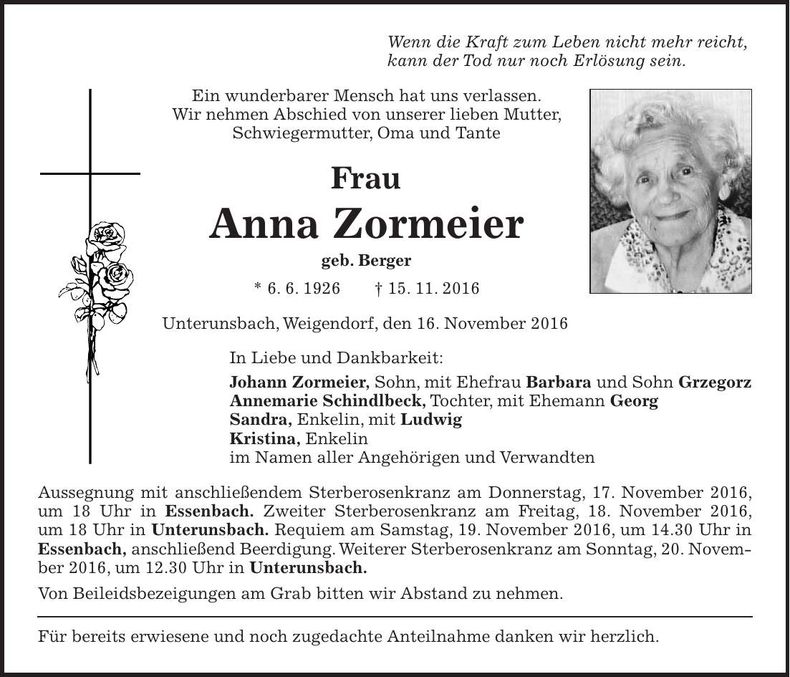 Traueranzeige Anna Zormeier
