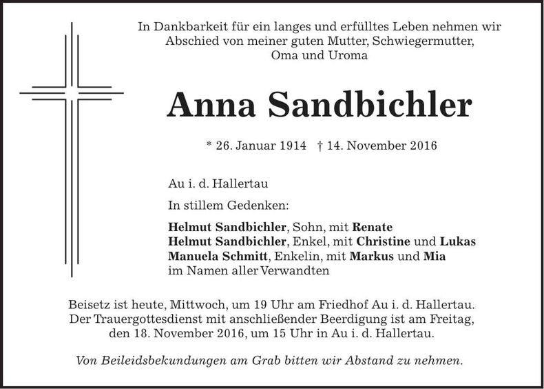 Traueranzeige Anna Sandbichler
