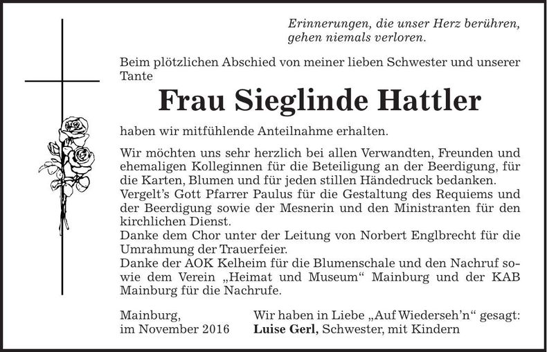 Traueranzeige Sieglinde Hattler