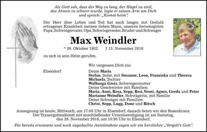 Traueranzeige Max Weindler