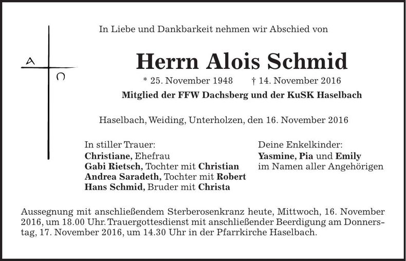 Traueranzeige Alois Schmid