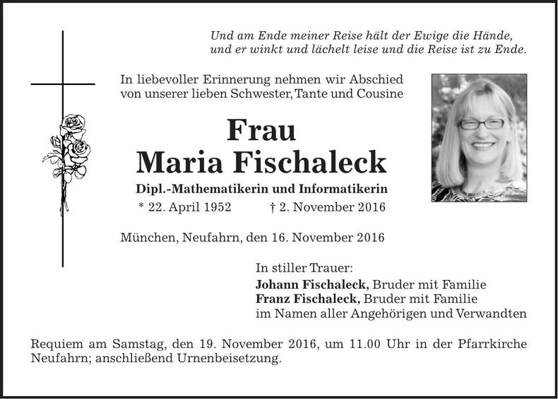 Traueranzeige Maria Fischaleck