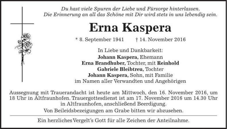 Traueranzeige Erna Kaspera