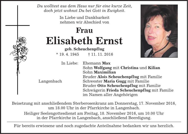 Traueranzeige Elisabeth Ernst