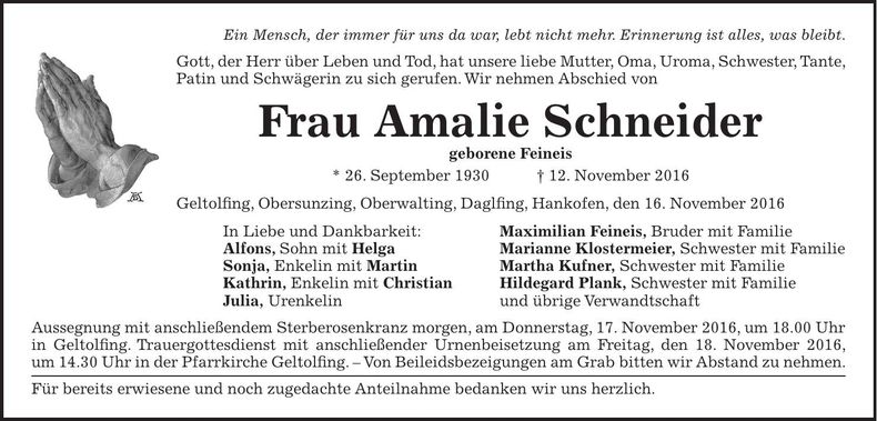 Traueranzeige Amalie Schneider