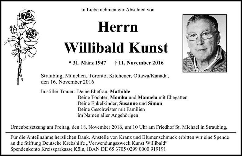 Traueranzeige Willibald Kunst