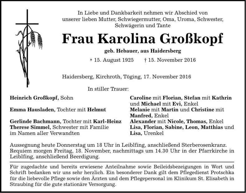 Traueranzeige Karolina Großkopf