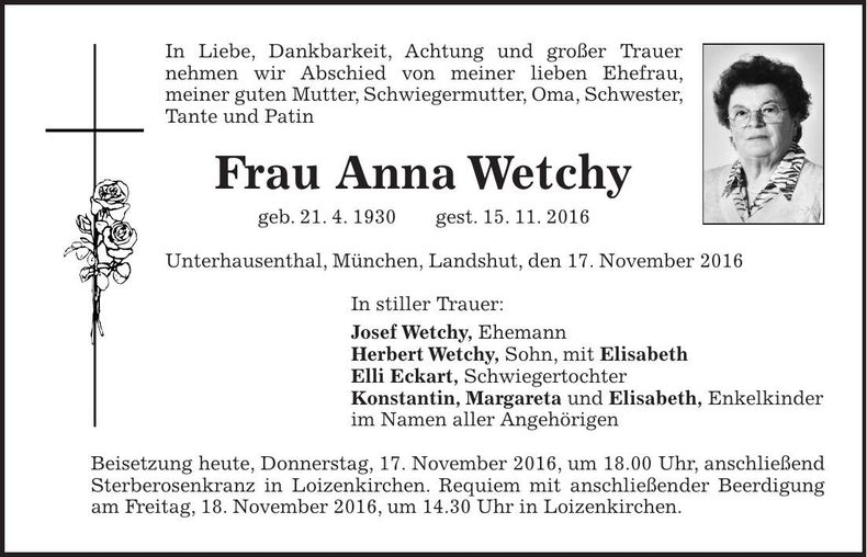 Traueranzeige Anna Wetchy