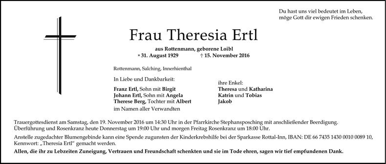 Traueranzeige Theresia Ertl