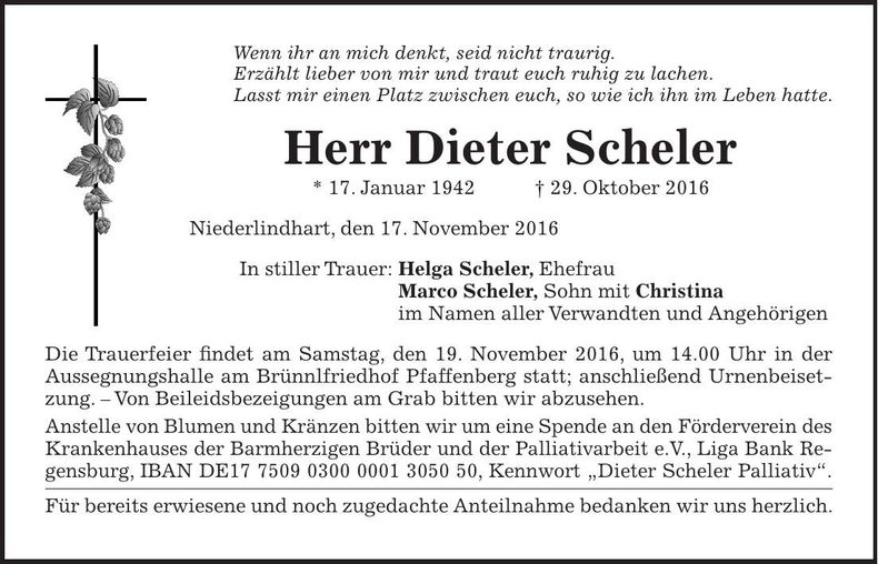Traueranzeige Dieter Scheler