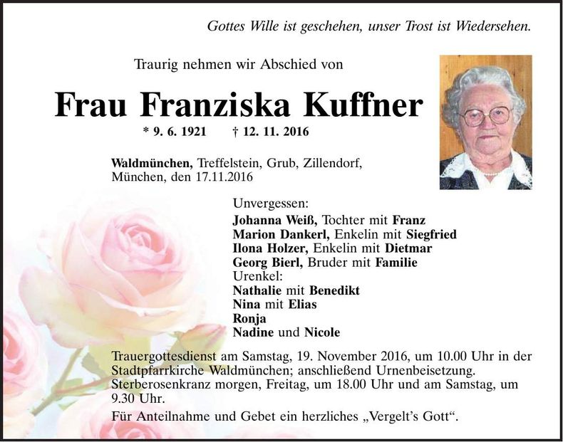 Traueranzeige Franziska Kuffner