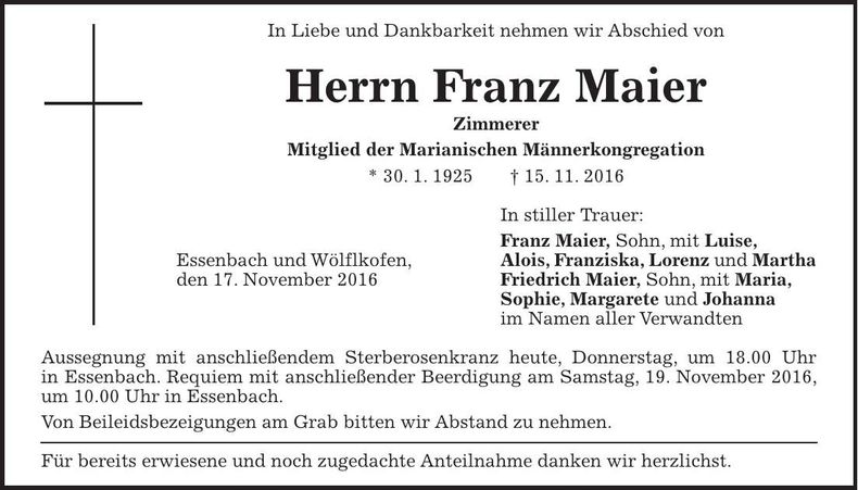 Traueranzeige Franz Maier