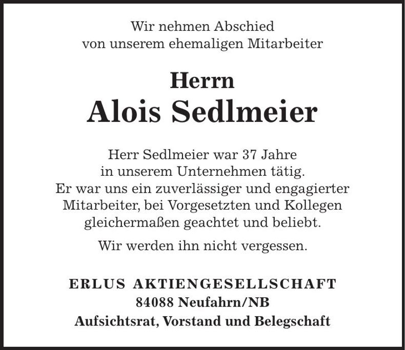 Traueranzeige Alois Sedlmeier